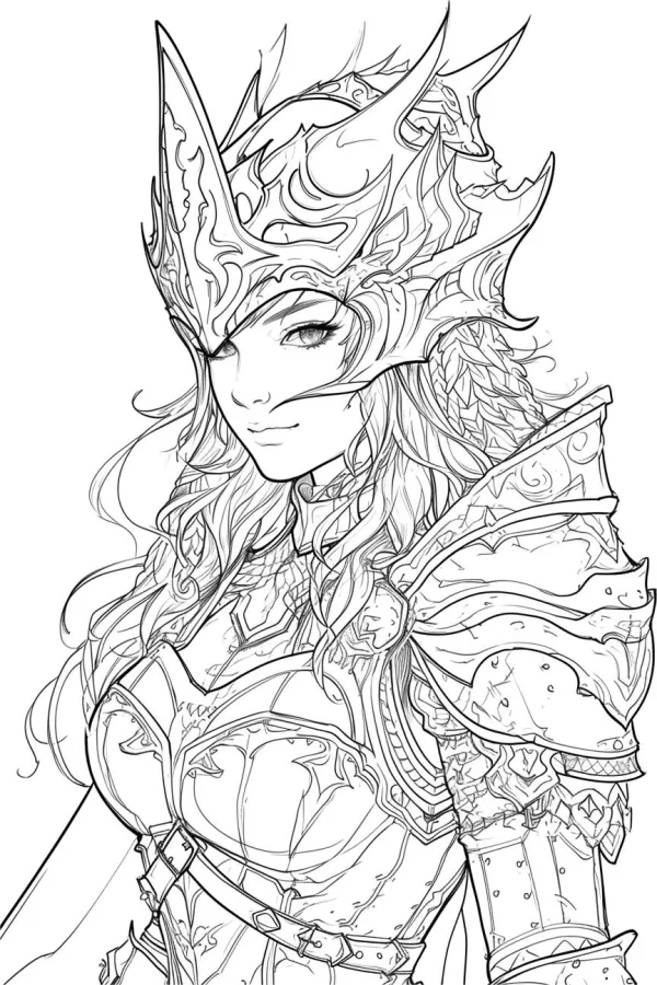 Armored female knight, fantasy anime style — free printable knight coloring book page