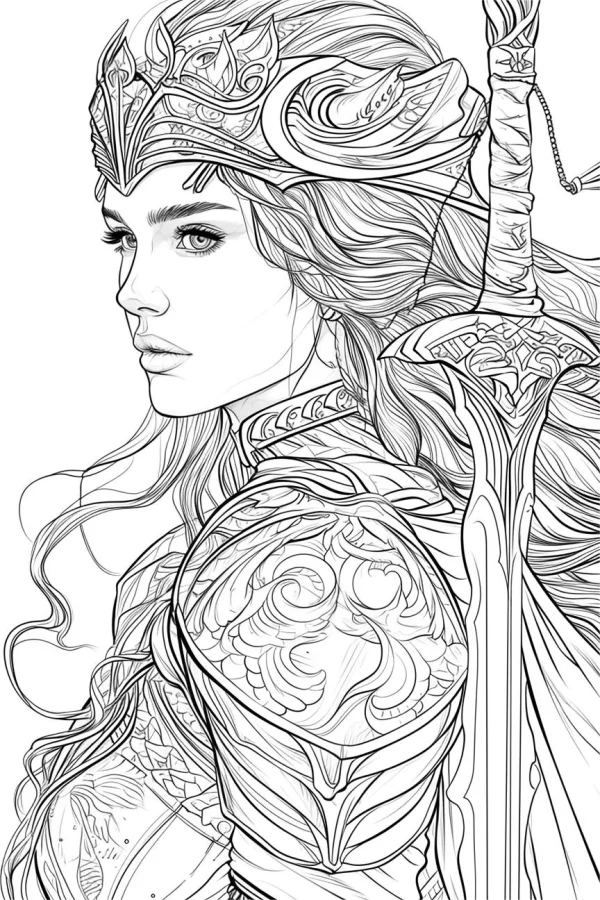Elegant female warrior with ornate armor and decorative helmet, fantasy style — free printable female character coloring book page