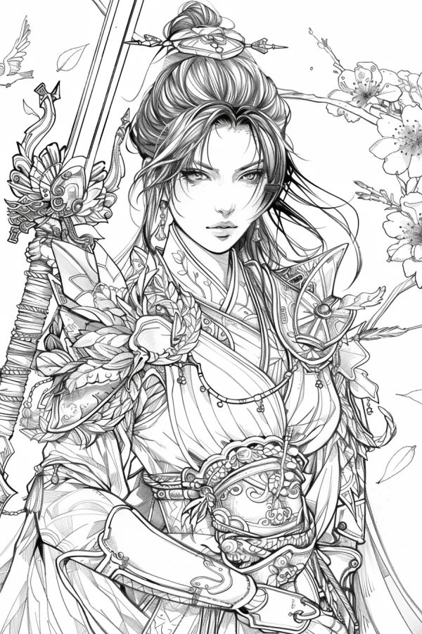Ancient chinese female swordsman with ornate armor, chinese style — free printable martial arts coloring book page