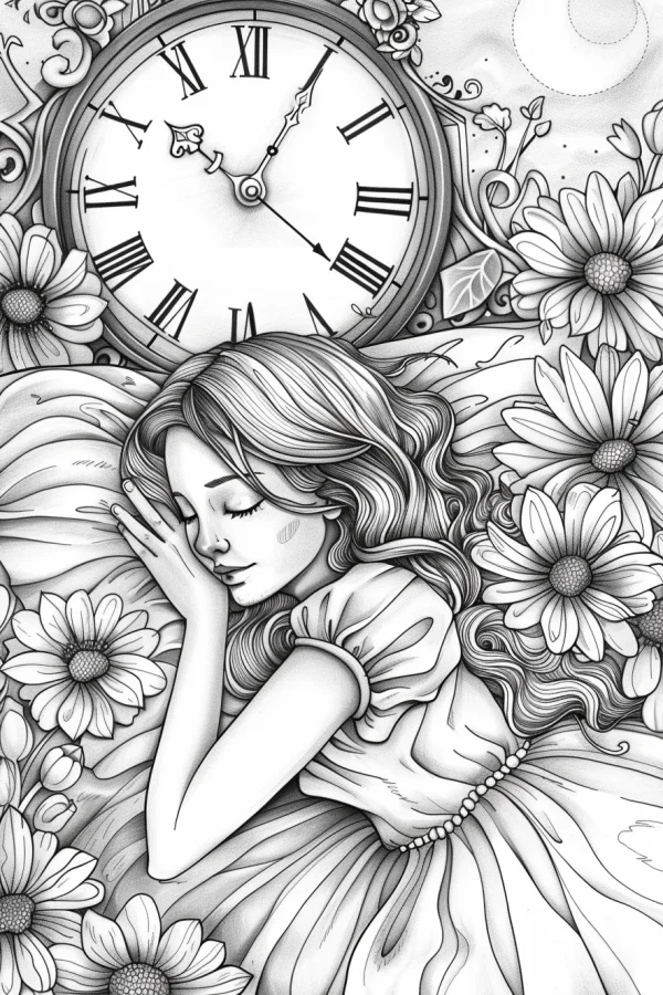 Sleeping girl nestled among daisies with a vintage roman numeral clock above, fairy tale illustration style — free printable sleep coloring book page