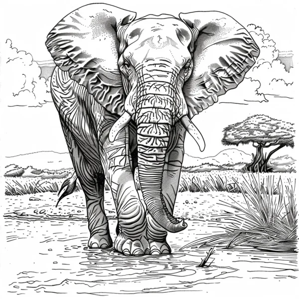 Grassland elephant standing in shallow water, realistic line art style — free printable grassland coloring book page