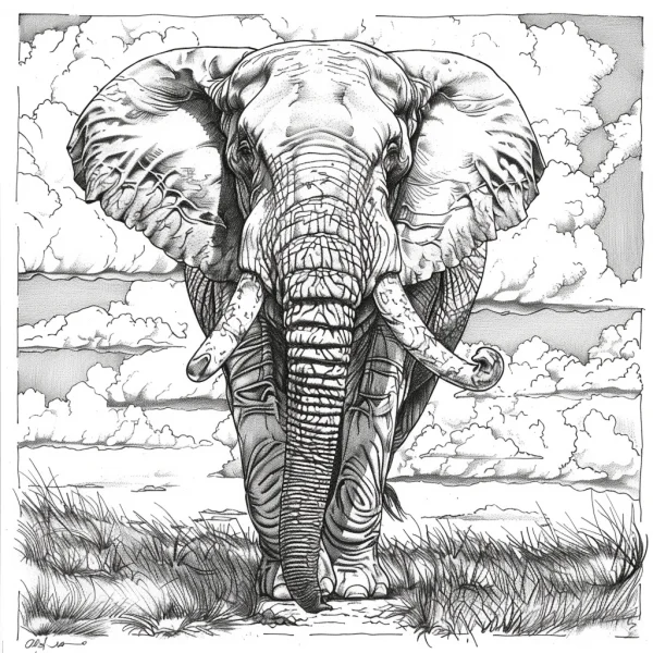 Grassland elephant, realistic sketch style — free printable grassland coloring book page