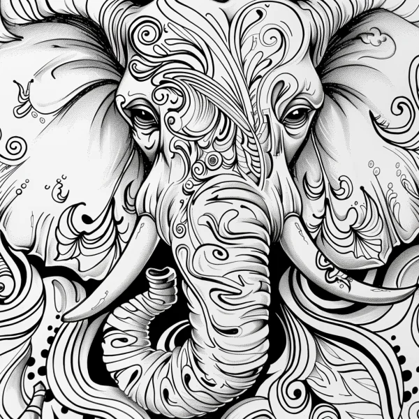 Decorative totem elephant with intricate swirl and curlicue patterns, ornamental art style — free printable totem coloring book page