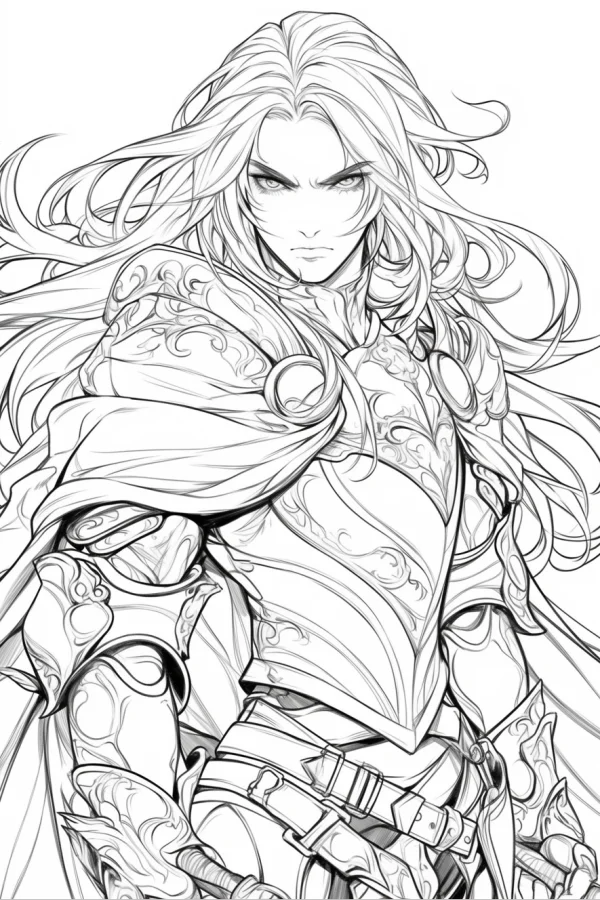 Handsome long-haired knight in ornate carved armor, anime style — free printable knight coloring book page