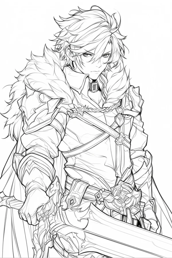 Sword-wielding armored knight, anime style — free printable knight coloring book page