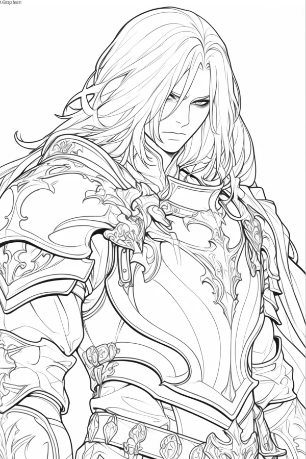Armored knight with long flowing hair, fantasy anime style — free printable knight coloring book page