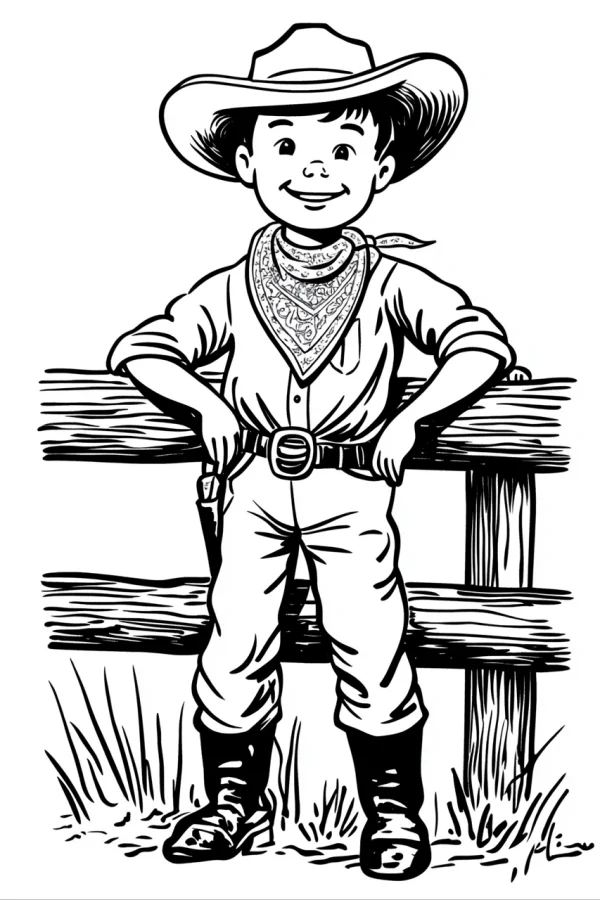 Smiling little cowboy, cartoon style — free printable cowboy coloring book page