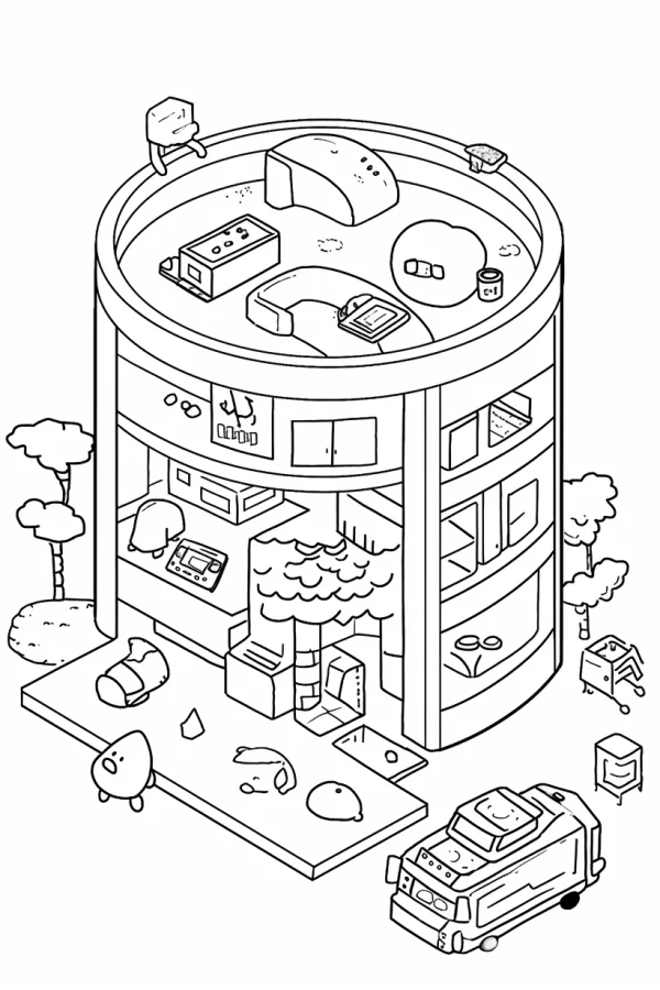 Isometric circular corner shop, cartoon style — free printable urban daily life coloring book page