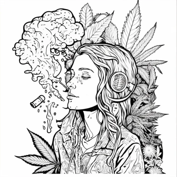 Girl wearing headphones surrounded by cannabis leaves, smoking with smoke clouds — free printable alternative culture coloring book page