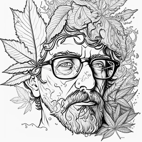Bearded man with glasses surrounded by cannabis leaves, realistic sketch style — free printable portrait coloring book page