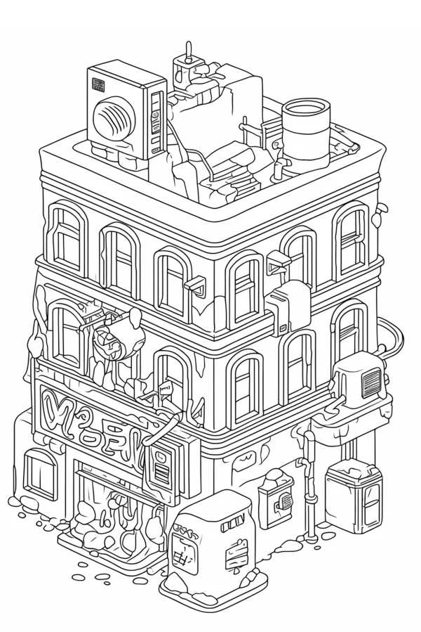 Old street-facing commercial building with stylized 'model' shop sign, cartoon hand-drawn retro style — free printable street scene coloring book page