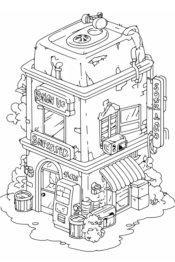 Cartoon style old small shop, street scene — free printable street view coloring book page