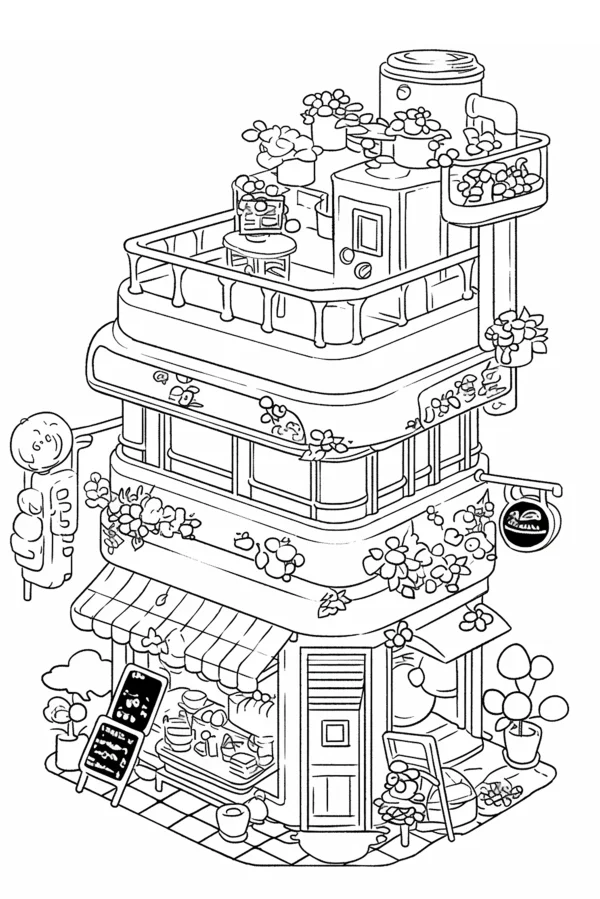 Cartoon multi-story plant shop, cute cartoon style — free printable shops coloring book page