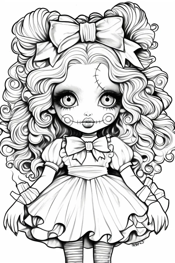 Creepy horror doll girl with stitched face, dark cartoon style — free printable dolls coloring book page