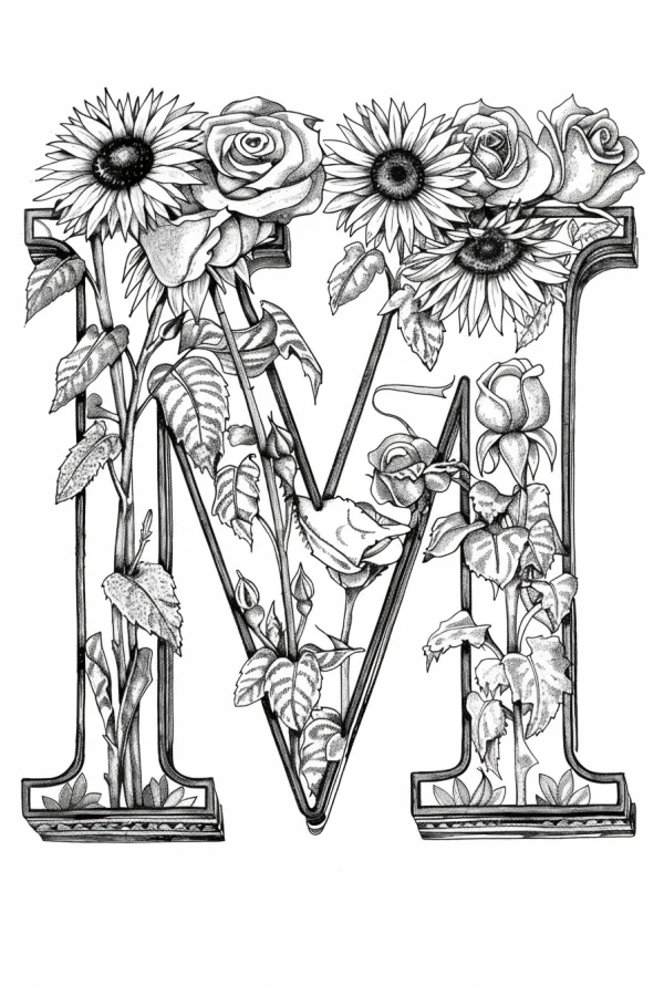 Letter m decorated with sunflowers and roses, realistic sketch line art style — free printable letter art coloring book page