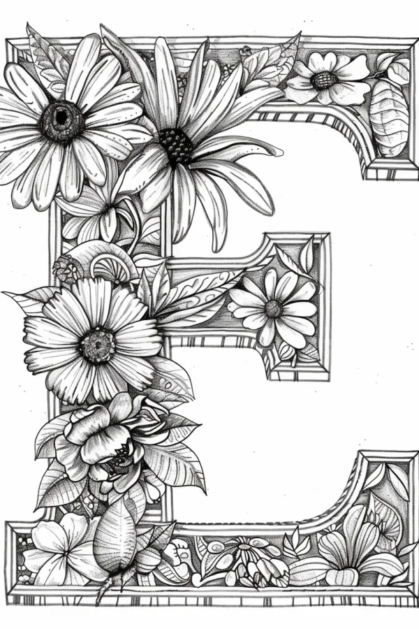 Floral decorated letter e, decorative art style — free printable letter art coloring book page