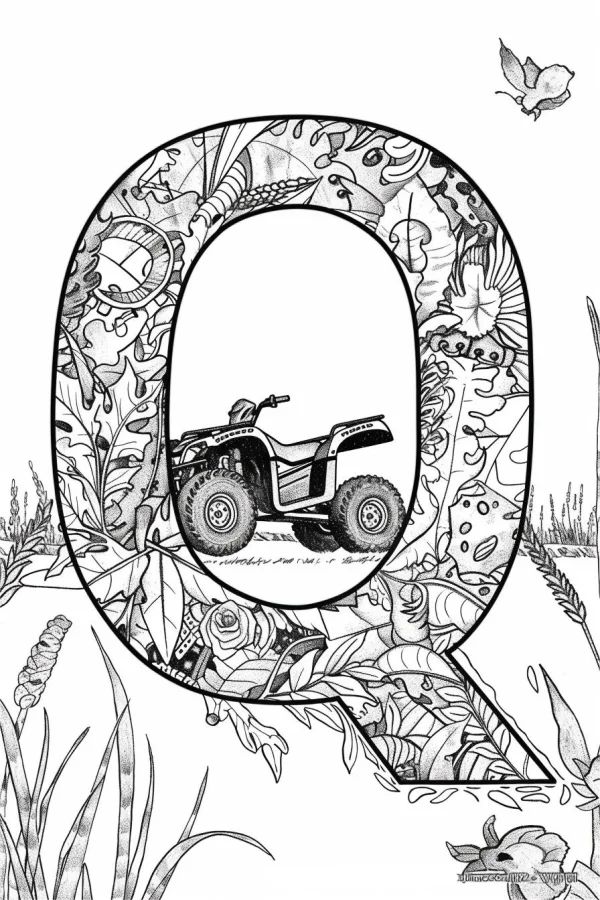Letter q frame with atv (all-terrain vehicle) inside, surrounded by natural elements including roses — free printable letters coloring book page