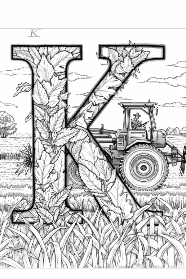 Letter k wrapped with leaves, farm scene with tractor and farmer — free printable letter art coloring book page