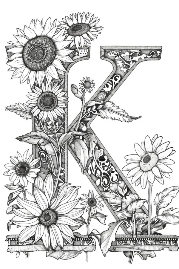 Decorative letter k surrounded by sunflowers and small daisies, art nouveau style — free printable letter art coloring book page