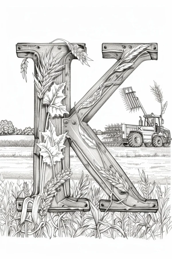 Metal letter k integrated with farm harvest elements like wheat ears and maple leaves, realistic illustration style — free printable letter art coloring book page