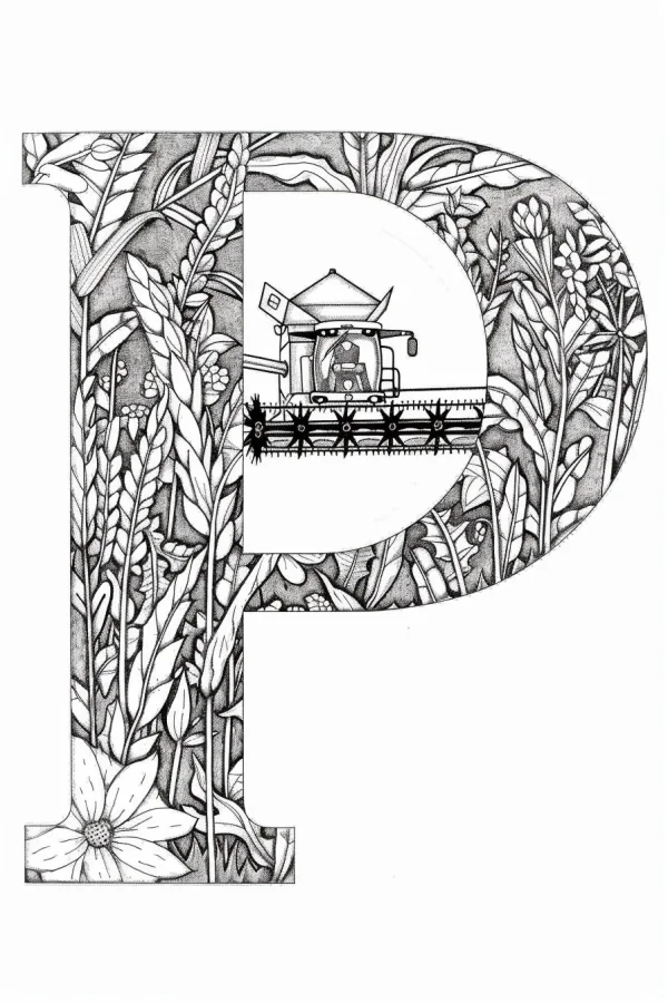 Letter p surrounded by plants and flowers with a combine harvester inside, detailed natural botanical patterns — free printable letter art coloring book page