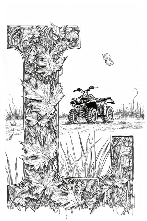 Letter l decorated with maple leaves and vines, atv quad bike on grassy dirt field — free printable letter art coloring book page