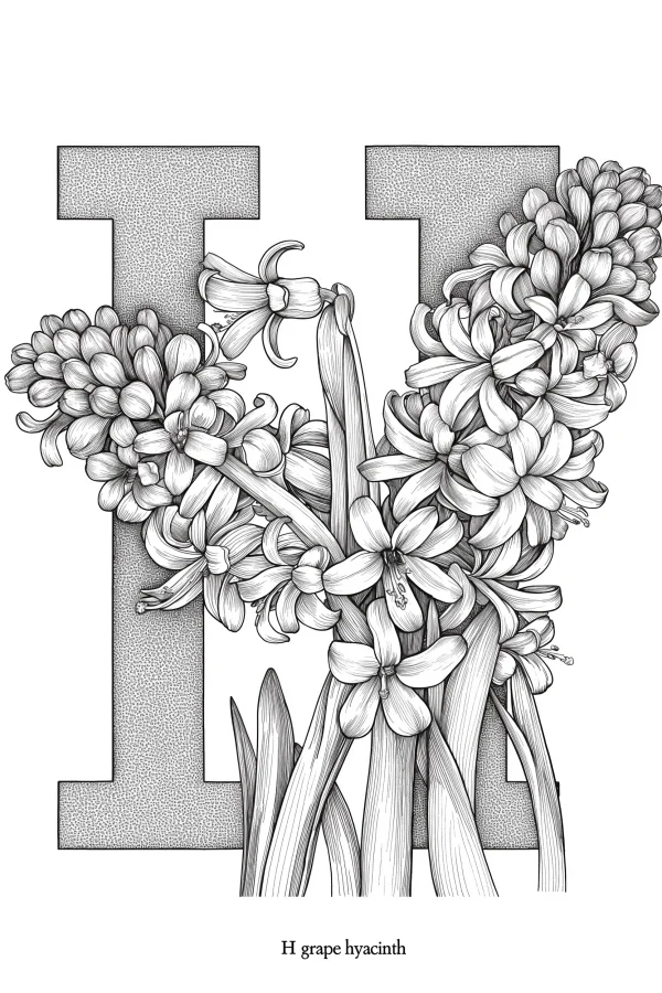 Letter h integrated with grape hyacinths, realistic sketch line art — free printable letter art coloring book page
