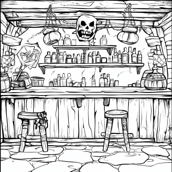 Hanging horror skull above vintage tavern bar, retro horror style — free printable tavern coloring book page