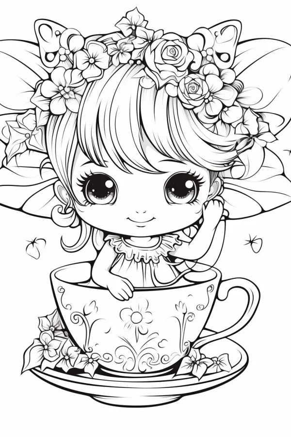 Cute chibi girl with flower crown sitting in a decorated teacup on a saucer, cartoon kawaii style — free printable cute style coloring book page