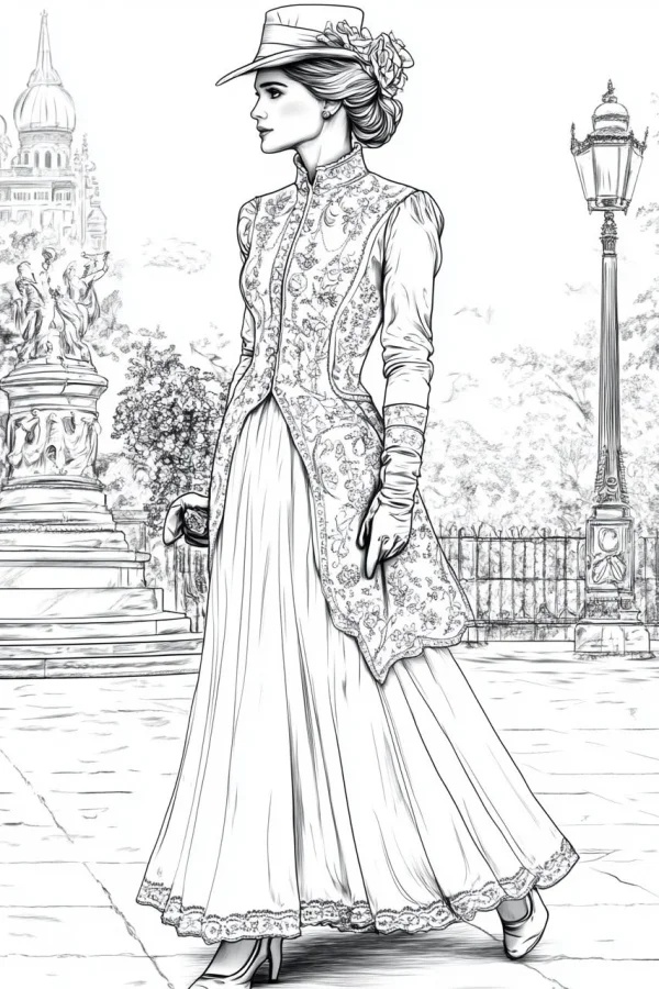 Vintage victorian style woman in elegant long dress and hat, retro european urban square scene with street lamp — free printable city scene coloring book page