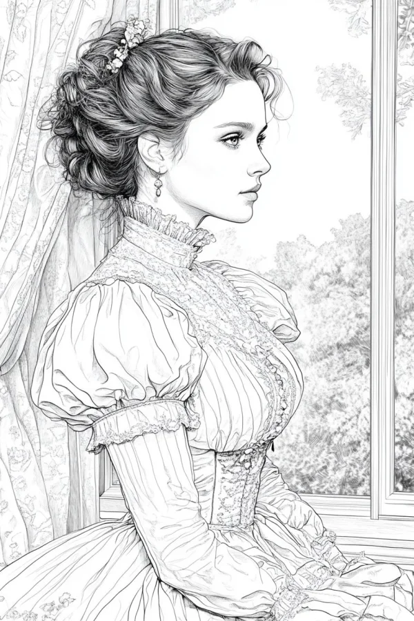 Elegant victorian girl in profile view, retro victorian style — free printable victorian coloring book page