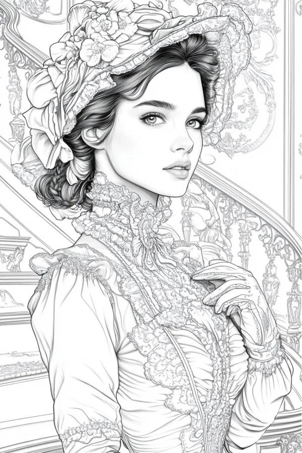 Victorian-style aristocratic woman with floral decorated hat, vintage court scene with carved staircase — free printable victorian coloring book page