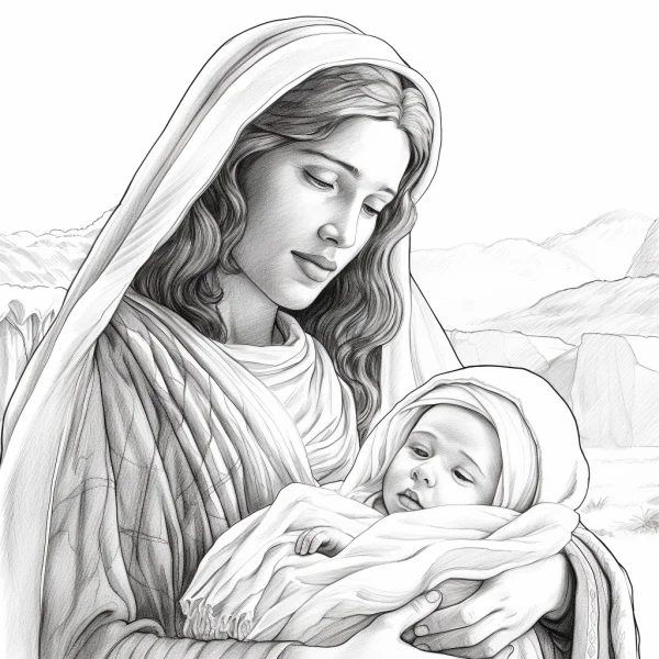 Virgin mary holding baby jesus, realistic sketch style — free printable parent-child coloring book page