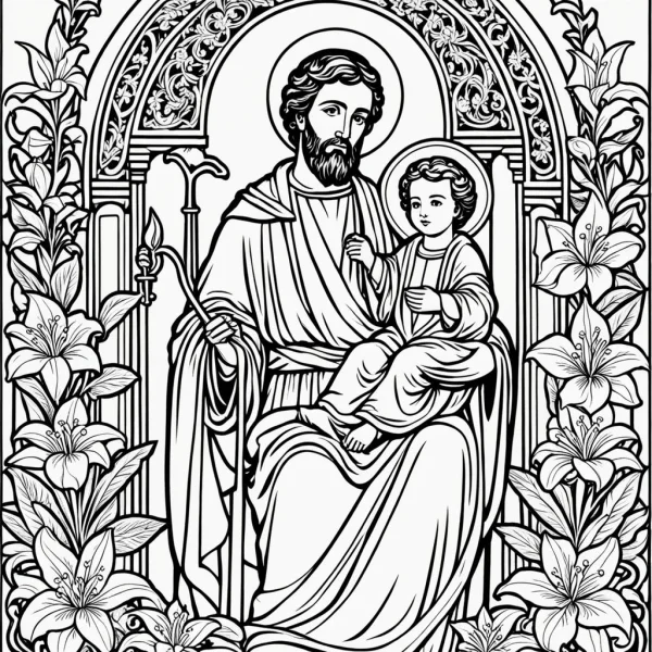 Saint joseph holding baby jesus with halos, religious illustration style — free printable christianity coloring book page