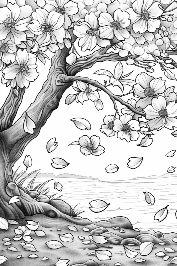 Blooming tree by the lakeside, realistic style — free printable flower season coloring book page