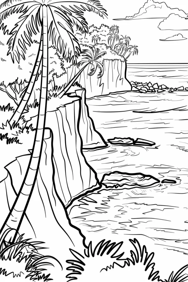 Tropical coastal cliff landscape, sketch art style — free printable tropical plants coloring book page