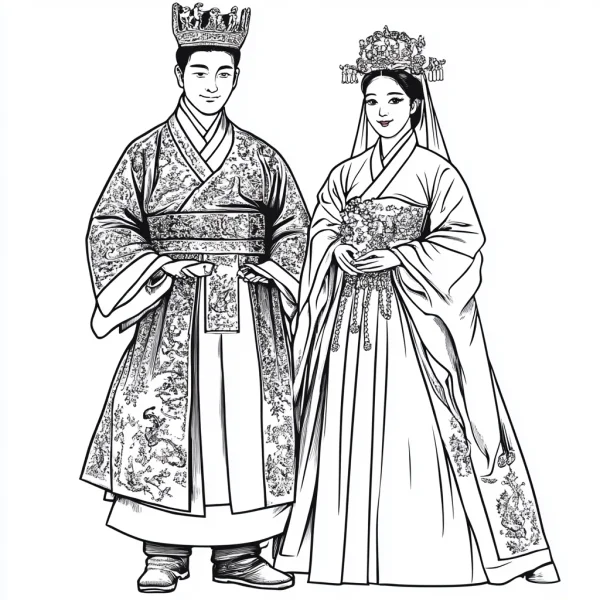 Royal couple in traditional korean hanbok, korean style — free printable korean style coloring book page
