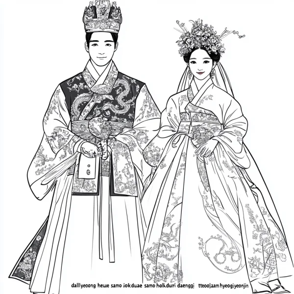 Traditional korean wedding couple in ornate hanbok, korean style — free printable korean style coloring book page