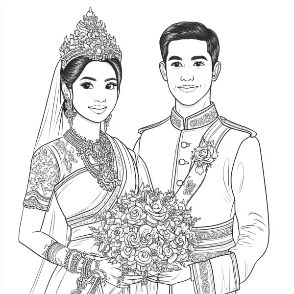 Southeast asian wedding couple in traditional elaborate attire, realistic line art style — free printable southeast asia coloring book page