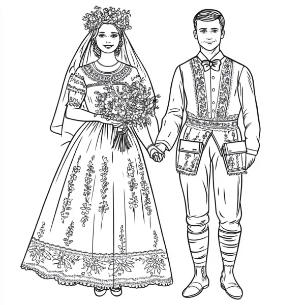 Wedding couple in traditional ethnic costumes, national style — free printable ethnic culture coloring book page