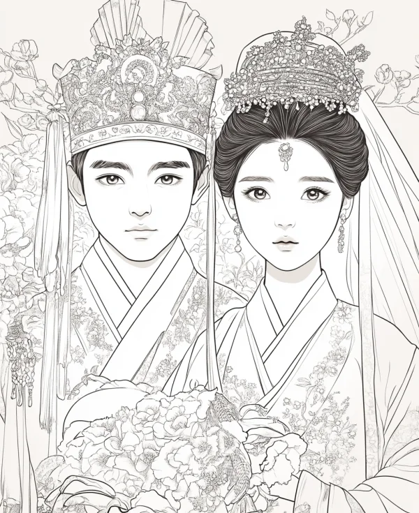 Korean traditional wedding couple, korean style — free printable korean style coloring book page