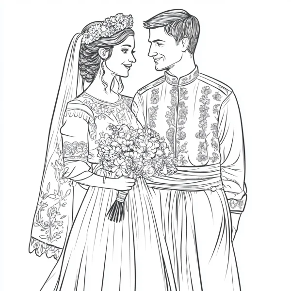 Newlyweds in traditional ethnic clothing, bride holding a flower bouquet — free printable ethnic culture coloring book page
