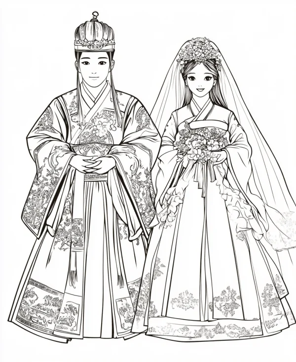 Coloring book page, newlywed couple in traditional korean hanbok — free printable korean style coloring book page