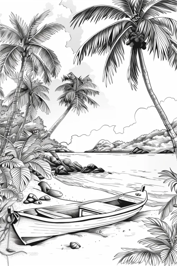 Tropical beach with a small boat on the sandy shore, realistic line art — free printable tropical plants coloring book page