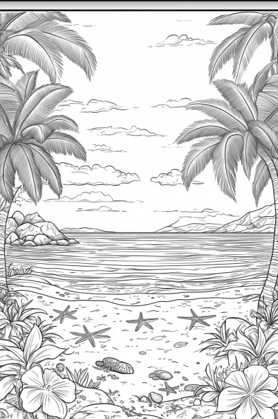 Tropical beach landscape with palm trees, realistic line art style — free printable tropical plants coloring book page