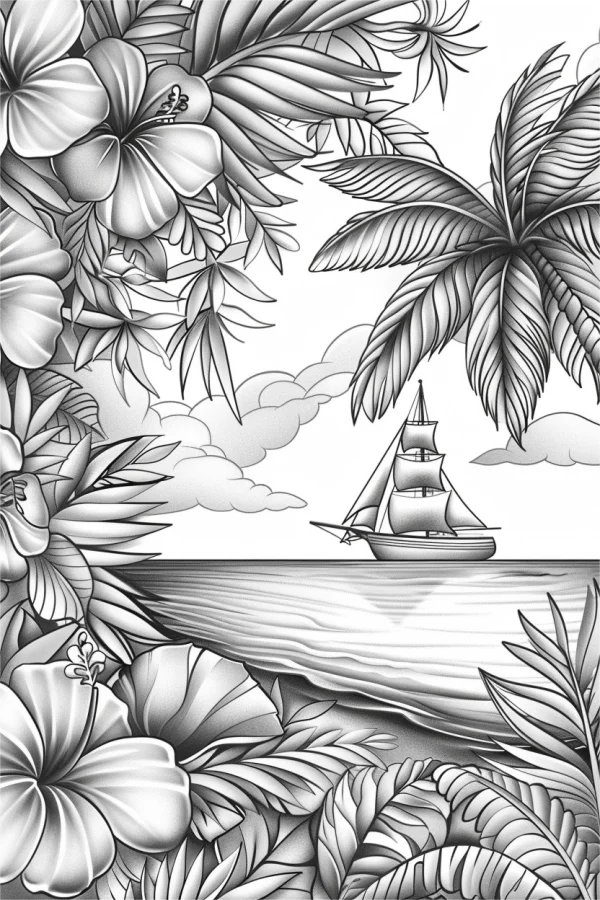 Tropical ocean landscape with sailboat, surrounded by hibiscus flowers and palm leaves — free printable tropical plants coloring book page