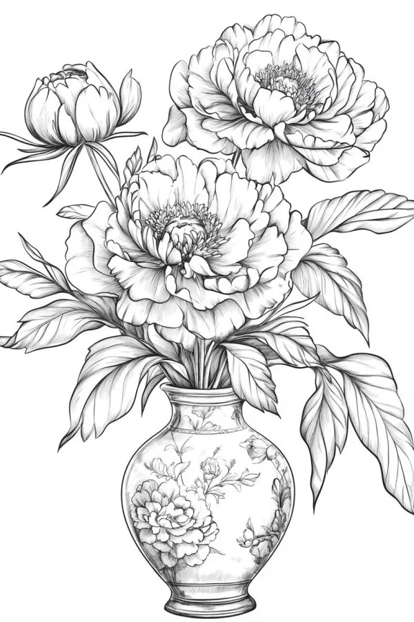 Peonies in a patterned vase with floral decorations, realistic sketch style — free printable still life coloring book page