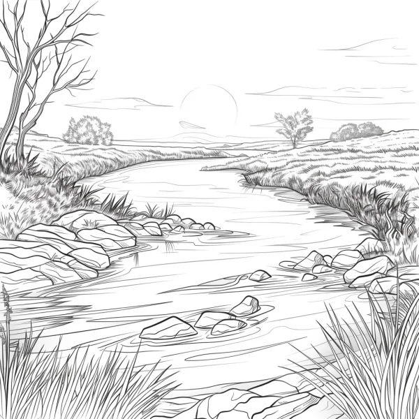 Stream and grassland natural landscape, realistic line art style — free printable grassland coloring book page