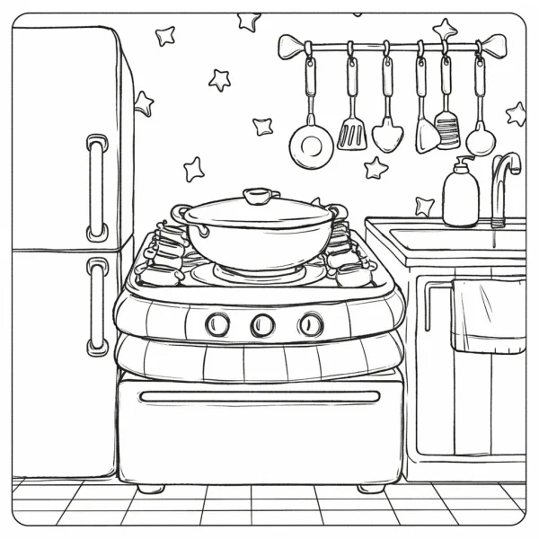Kitchen cooking scene, cartoon style — free printable kitchen coloring book page