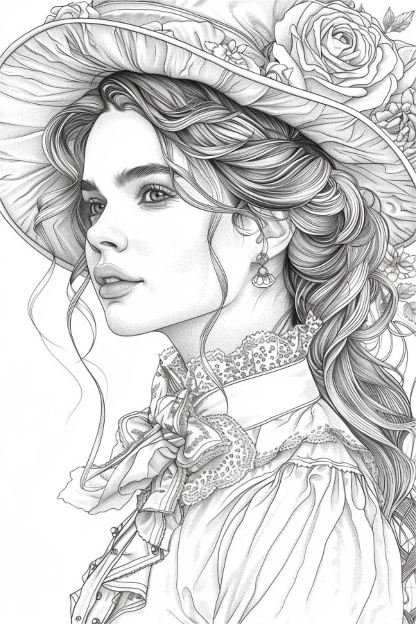 Vintage victorian style young lady with wide-brimmed hat decorated with roses, realistic line art style — free printable victorian coloring book page